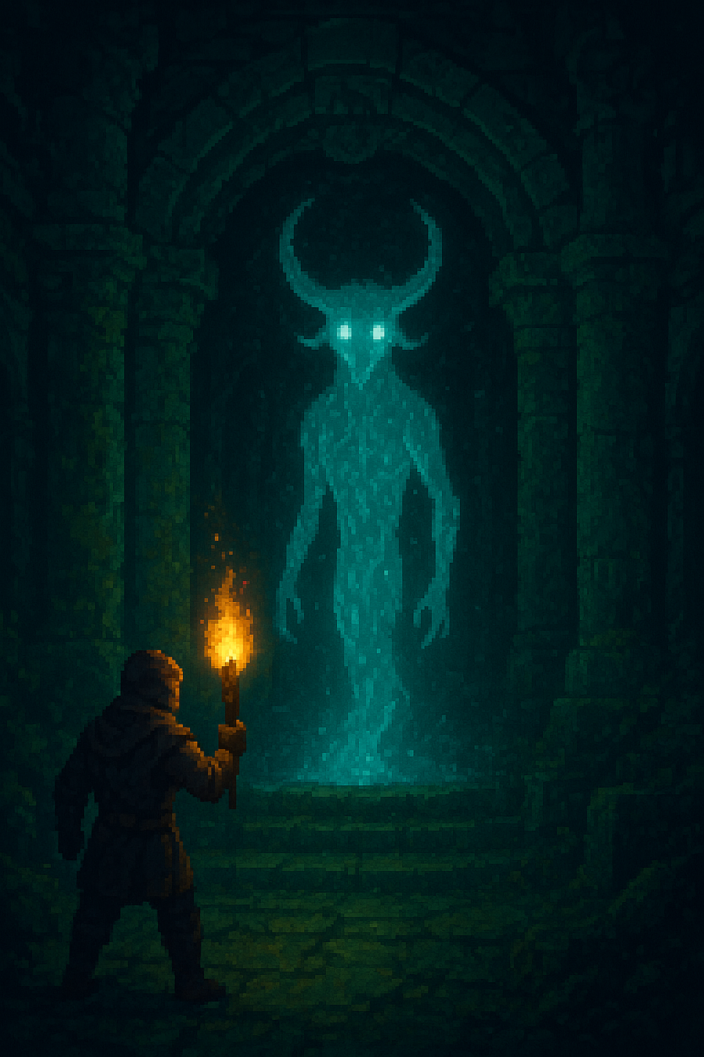 Dark dungeon scene with a character facing a glowing, demonic figure.